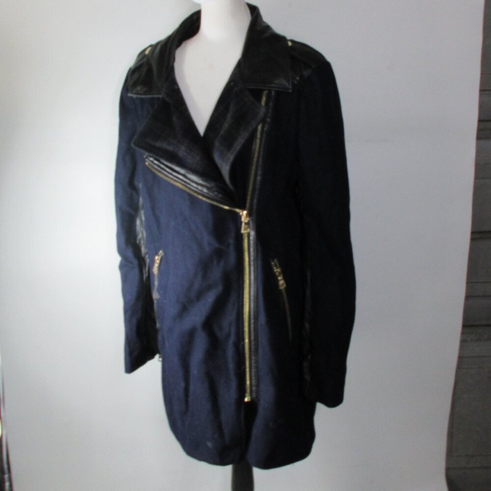 Sam Edelman Women's Blue Black Faux Leather Plaid Coat Size Large